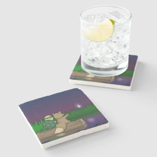 Kappa and Kitsune Sit at a Pond- Japanese Yokai Stone Coaster