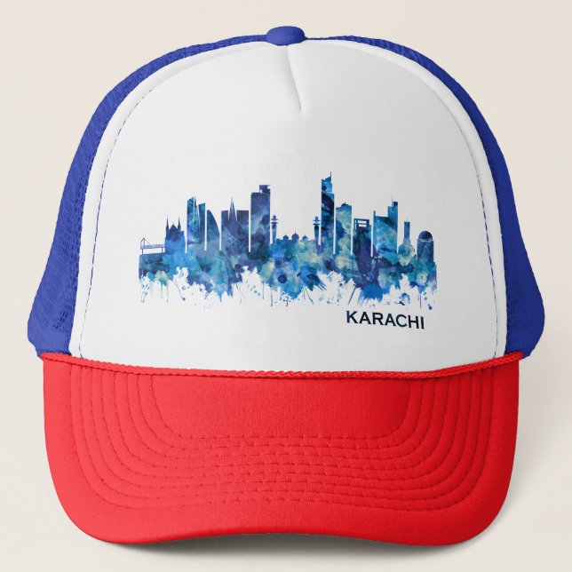 Karachi Skyline Pakistan Blue Trucker Hat (Front)