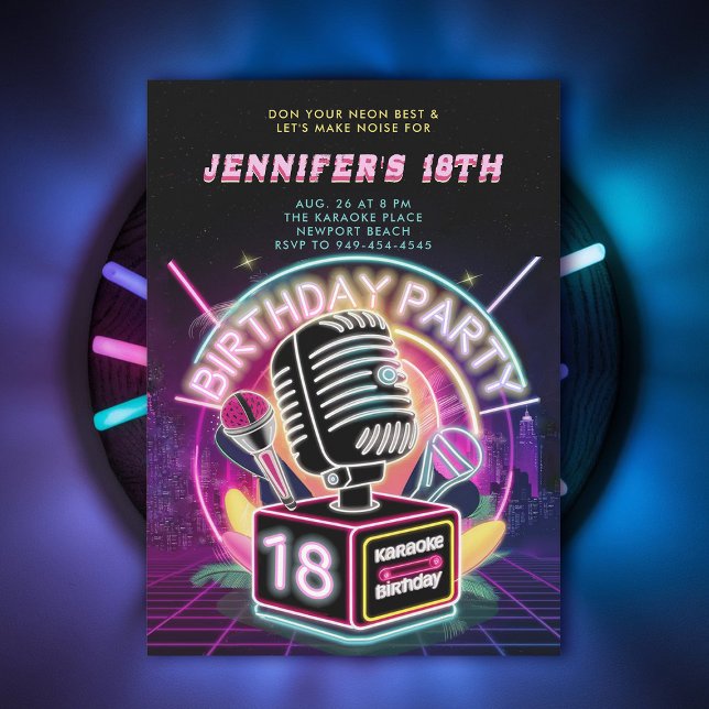 Karaoke 90s Neon Glow Millennial 18th Birthday Invitation (18th birthday party for girls karaoke night neon glow 90s millenial funky chic)