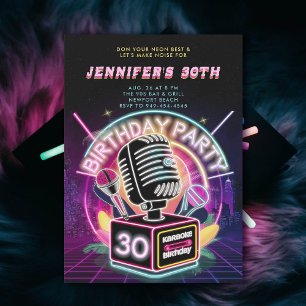 Karaoke 90s Neon Glow Millennial 30th Birthday Invitation