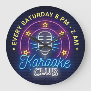 Karaoke Club Neon Look Illustration, Custom Text Large Clock
