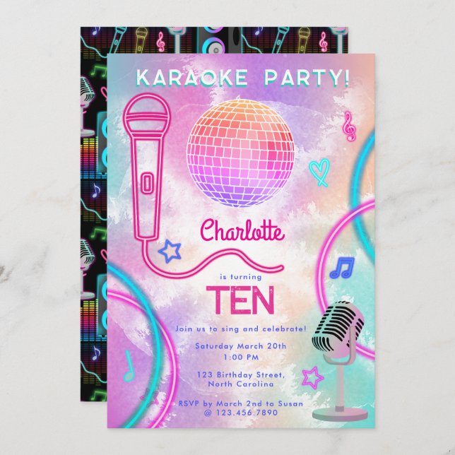 Karaoke Neon Glow  Tie Dye Birthday Party  Invitation (Front/Back)