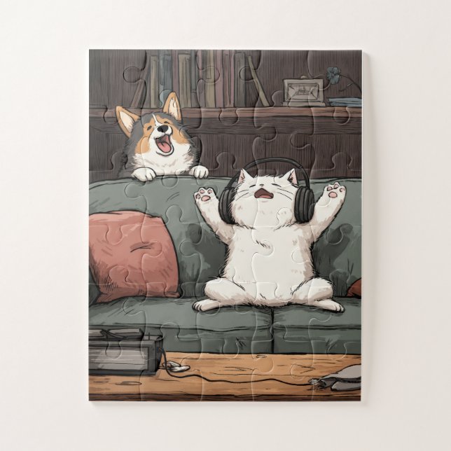 Karaoke Night – Cat & Corgi Puzzle (Vertical)
