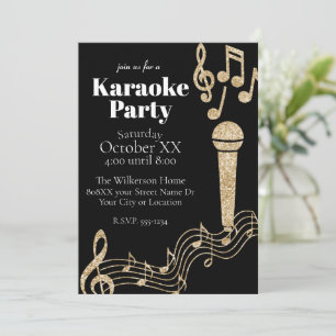 Karaoke Party Gold Glitter Music Notes on Black Invitation