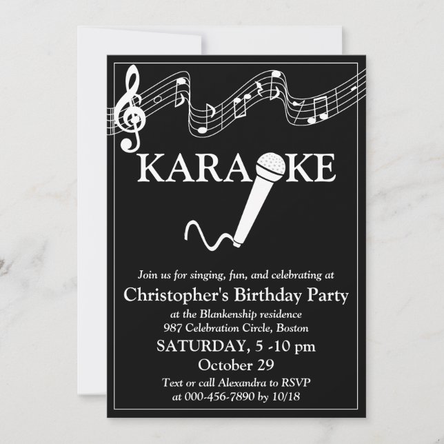 Karaoke Party Musical Scale Microphone Black White Invitation (Front)