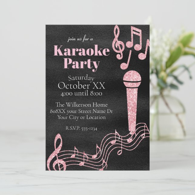 Karaoke Party Pink Glitter Music Notes on Black Invitation (Standing Front)