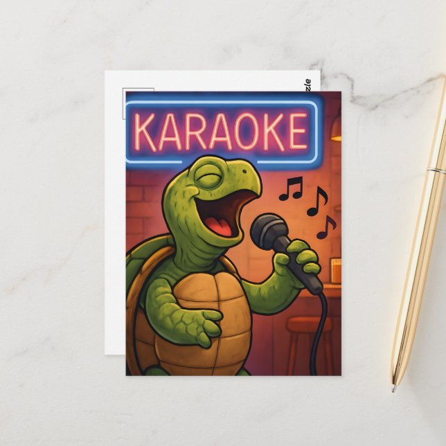 Karaoke Singing Turtle Postcard (Front/Back In Situ)