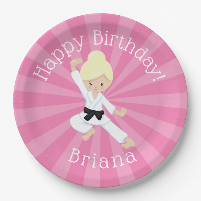 Karate Birthday Party Blonde Hair Girl Pink Paper Plate (Front)