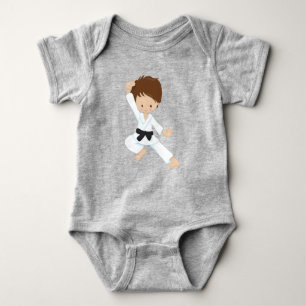 Karate Boy, Cute Boy, Black Belt, Brown Hair Baby Bodysuit