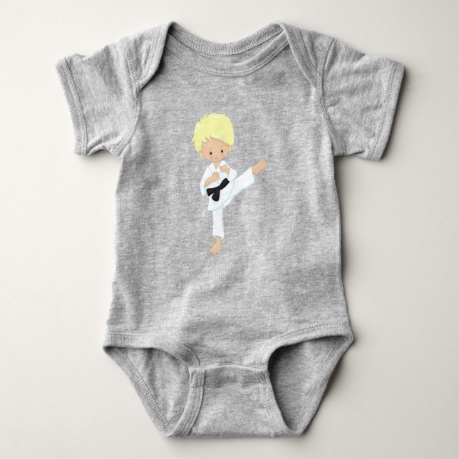 Karate Boy, Cute Boy, Blonde Hair, Black Belt Baby Bodysuit (Front)