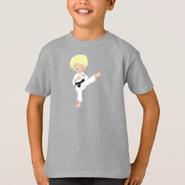Karate Boy, Cute Boy, Blonde Hair, Black Belt T-Shirt (Front)