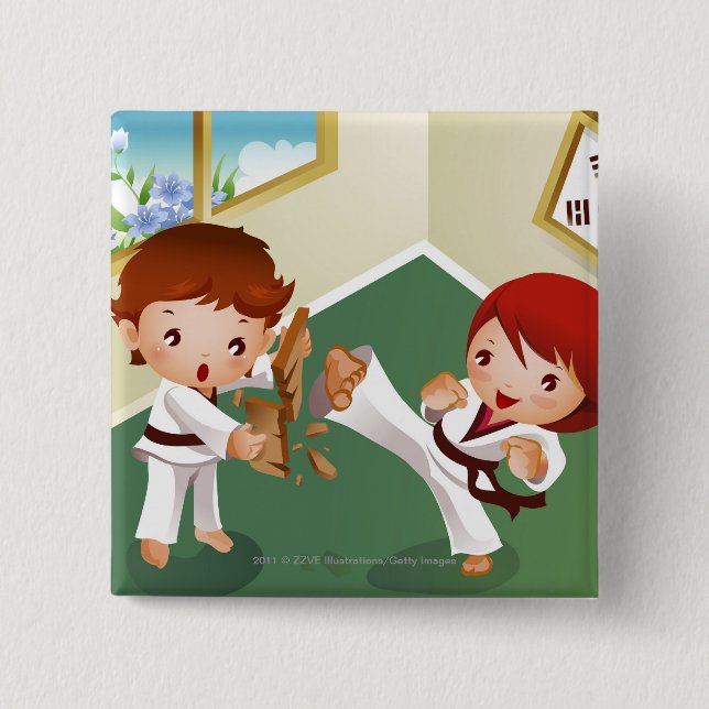 Karate boy holding wood with another breaking it 15 cm square badge (Front)