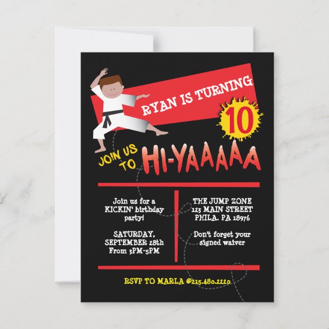 Karate Boy Kick Red Birthday Party Invitation (Front)