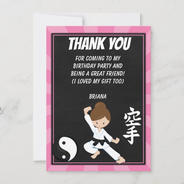 Karate Brown Hair Girl Party Thank You Card  (Front)
