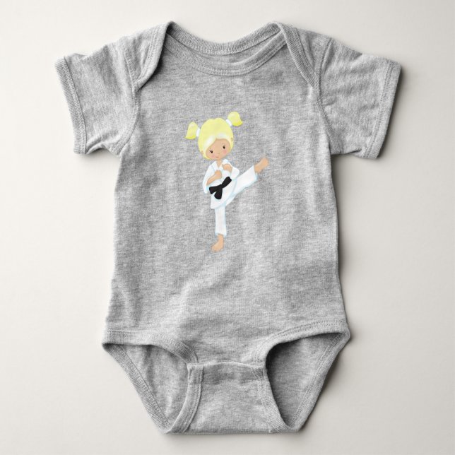 Karate Girl, Cute Girl, Blonde Hair, Black Belt Baby Bodysuit (Front)