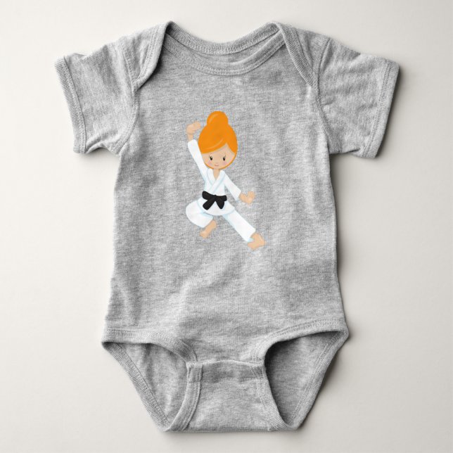 Karate Girl, Cute Girl, Orange Hair, Black Belt Baby Bodysuit (Front)