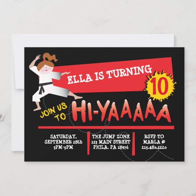 Karate Girl Kick Red Birthday Party Invitation (Front)