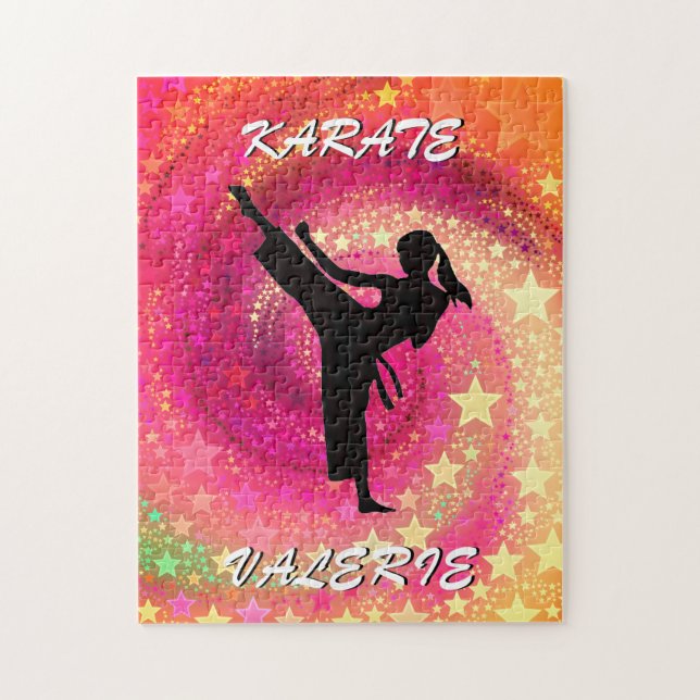 Karate Girl Kick Stars and Swirls Retro Jigsaw Puzzle (Vertical)