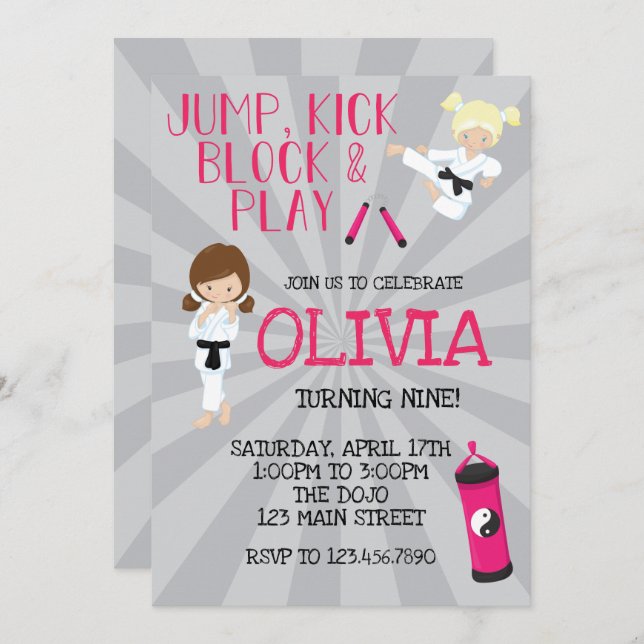 Karate Girl Pink Martial Arts Birthday Invitation (Front/Back)