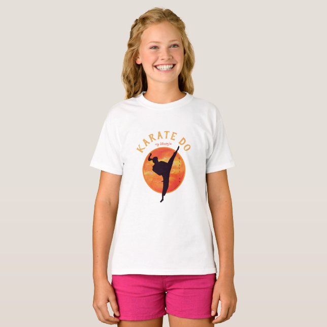 Karate Girl Silhouette & Rising Sun Martial Arts   T-Shirt (Front Full)