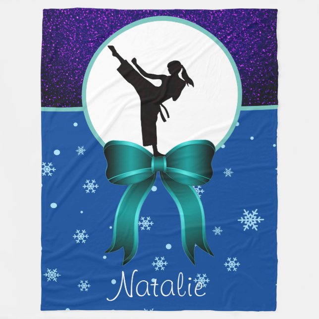 Karate Girls Glitter and Bow Snowflake Fleece Blanket (Front)