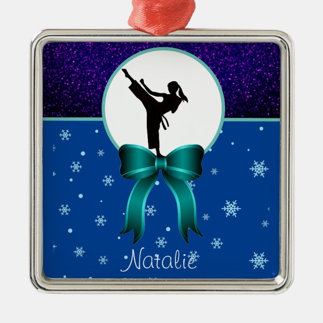 Karate Girls Glitter and Bow Snowflake   Metal Tree Decoration (Front)
