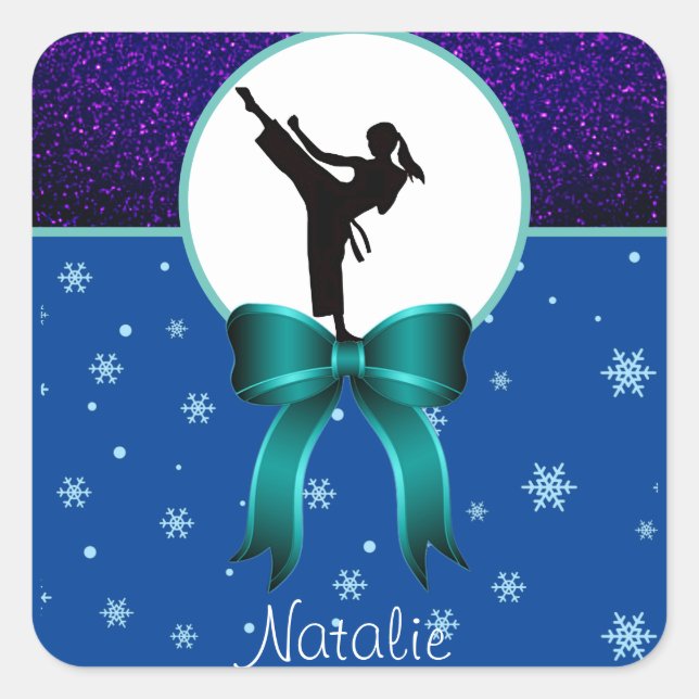 Karate Girls Glitter and Bow Snowflake   Square Sticker (Front)