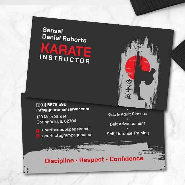 Karate instructor - Kanji and karateka silhouette  Business Card (Creator Uploaded)