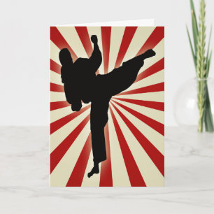 Karate Kick in Front of Sunburst Birthday Card
