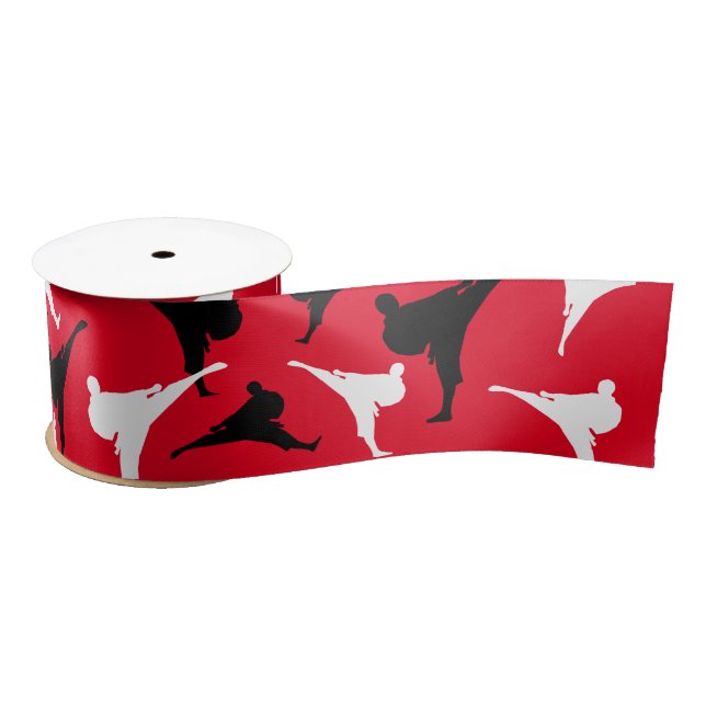 Karate kick pose silhouettes martial arts theme satin ribbon (Spool)