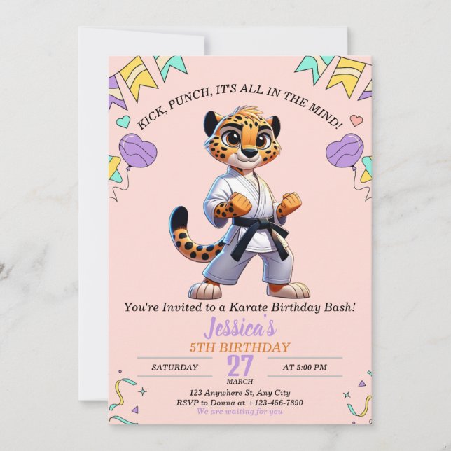 Karate Martial Animal Arts Girl's Birthday Party Invitation (Front)