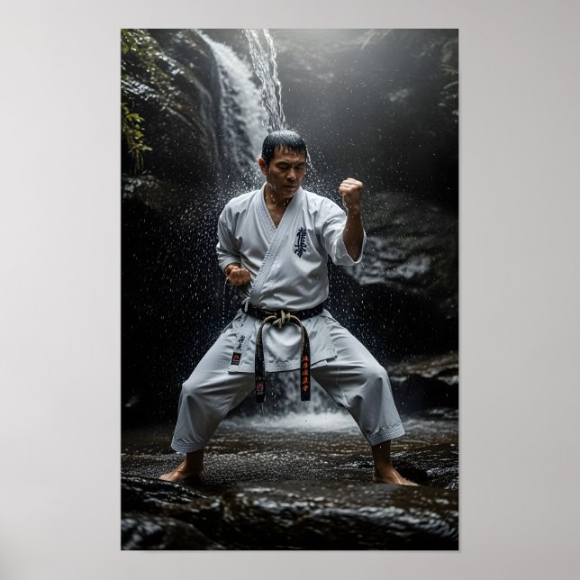 Karate Master Performing Kata Under Waterfall Poster (Front)