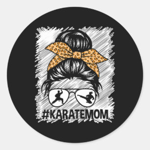 Karate Mum Leopard Messy Bun Classic Round Sticker
