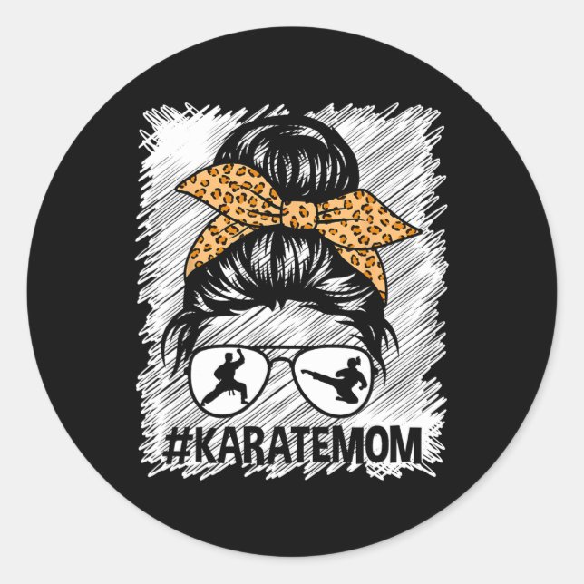 Karate Mum Leopard Messy Bun  Classic Round Sticker (Front)