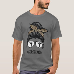Karate Mum Leopard Messy Bun Hair Glasses T-Shirt