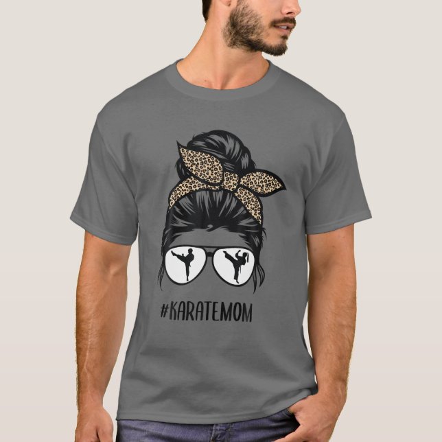 Karate Mum Leopard Messy Bun Hair Glasses T-Shirt (Front)