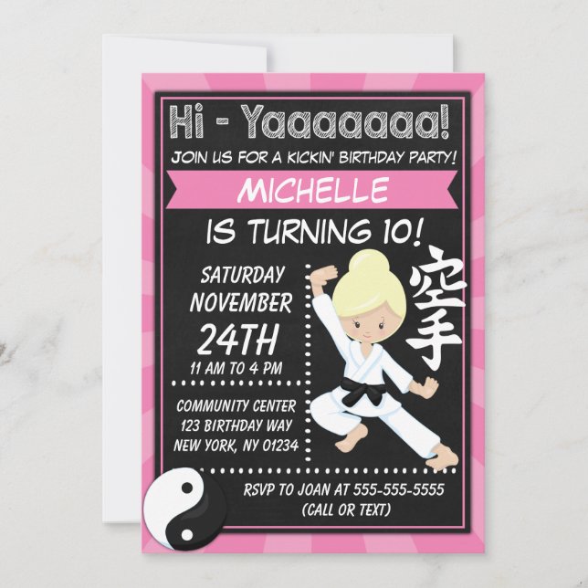 Karate Party Blonde Hair Girl Kids Birthday Party Invitation (Front)