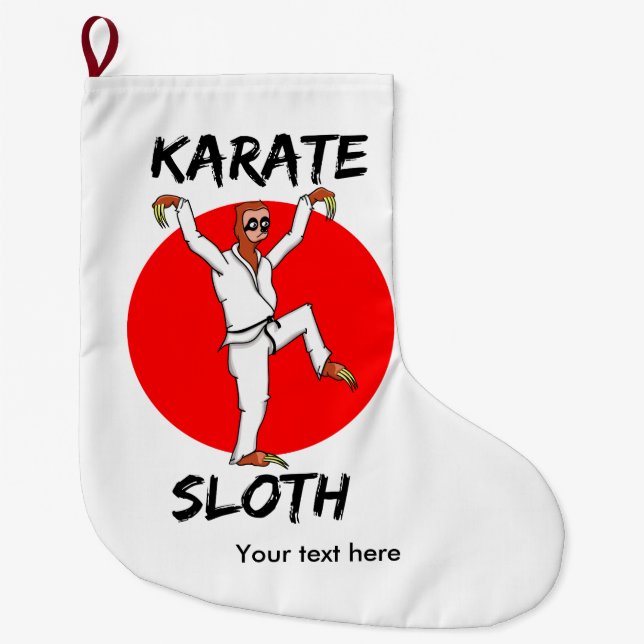 karate sloth ALL SHOPS TEXT.png Large Christmas Stocking (Front)