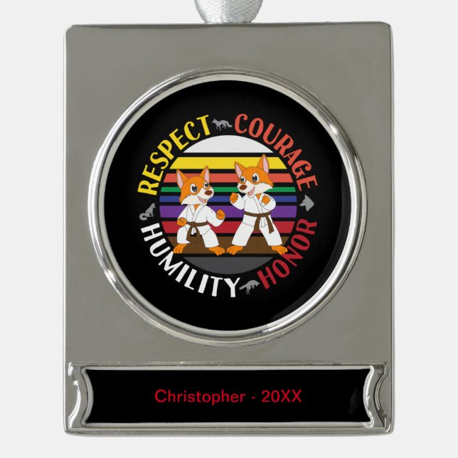 Karate Values - Cute Sparring Fox Silhouettes Silver Plated Banner Ornament (Front)