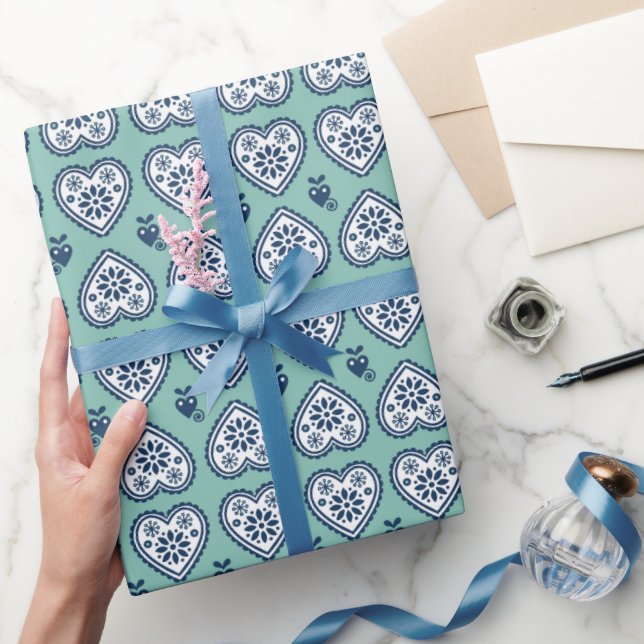 ‘Karlek’ loveheart wrapping paper (navy & teal) (Gifting)