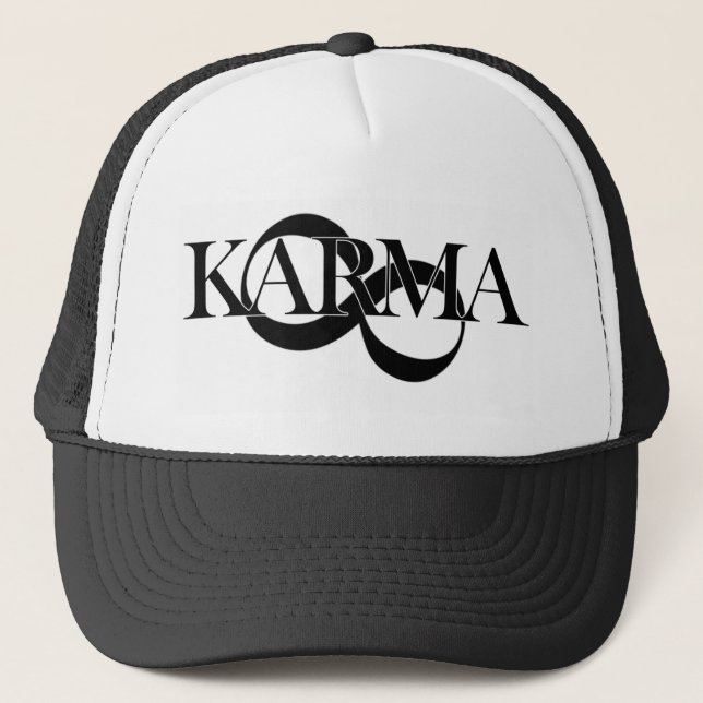 Karma with infinity symbol trucker hat (Front)