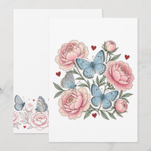 Karner Blue Butterflies, Red Hearts, Pink Flowers Invitation