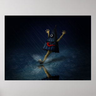 Kasa Obake Japanese Umbrella Ghost on a Rainy Day Poster