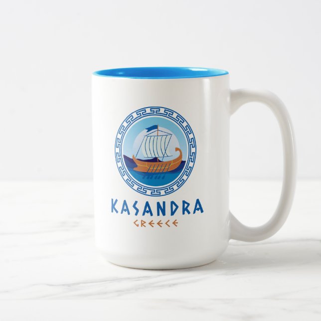 Kasandra, Greece Greek Ship Design Two-Tone Coffee Mug (Right)