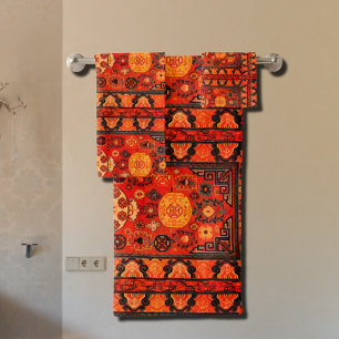 Kashi  carpet look in vibrant oranges bath towel set