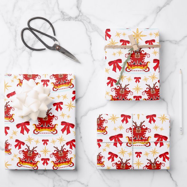 Kasky Cute Christmas Sleigh Reindeer Pattern  Wrapping Paper Sheet (Front)