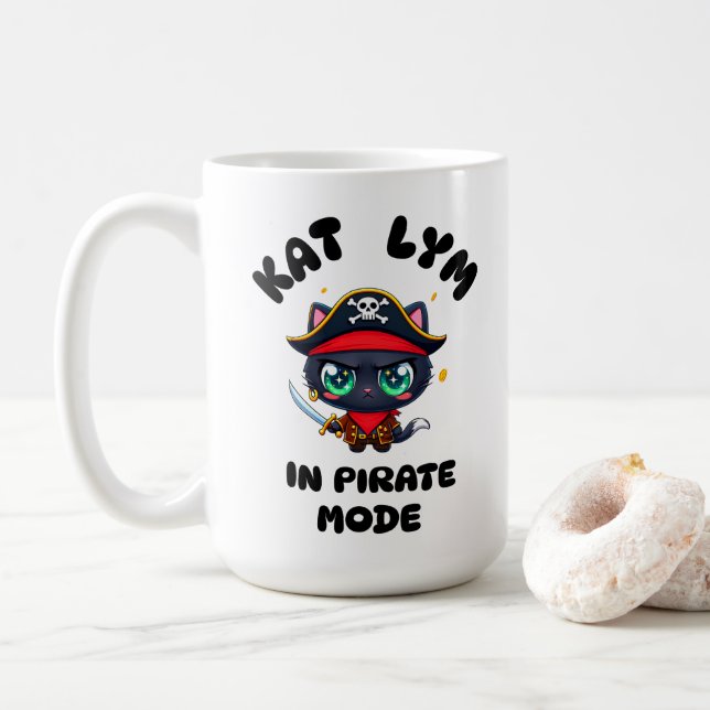 Kat Lym Cute Black Cat Pirate Art Coffee Mug (With Donut)