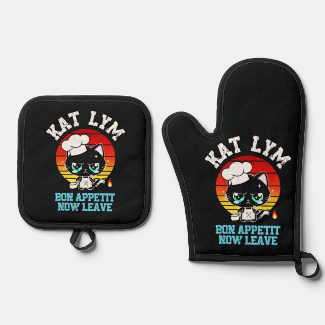 Kat Lym Sarcastic Chef Cat - Bon Appetit Now Leave Oven Mitt & Pot Holder Set (Front)