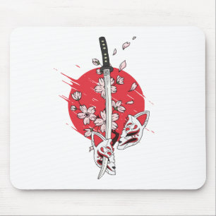 Katana cherry blossom fox mask mouse pad