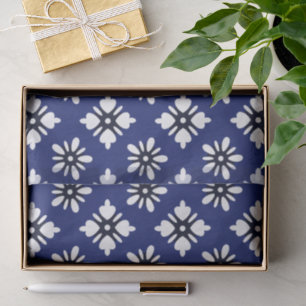 Katazome white flowers on indigo tissue paper